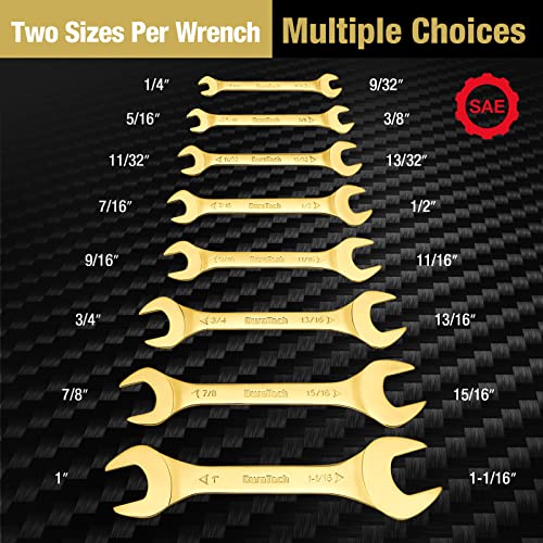 DURATECH Super-Thin Open End Wrench Set, SAE, 8-Piece, 1/4" to 1-1/16", Titanium Plating, with Rolling Pouch - color: Gold, size: SAE