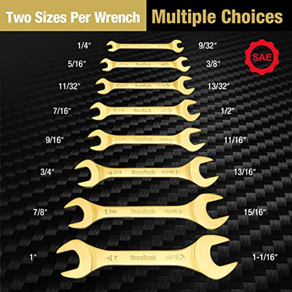 DURATECH Super-Thin Open End Wrench Set, SAE, 8-Piece, 1/4" to 1-1/16", Titanium Plating, with Rolling Pouch - color: Gold, size: SAE