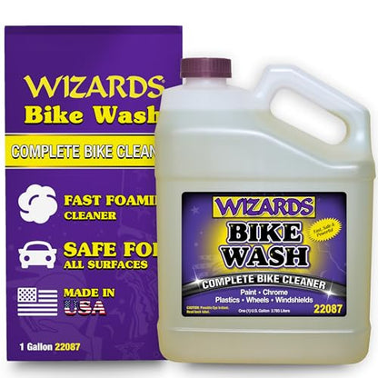 Wizards Complete Bike Wash - Motorcycle Cleaner Spray, Foaming pH-Controlled Formula Lifts Road Grime, Brake Dust and Engine Grease from Paint, Chrome and Plastics for Bike Detailing - 1 Gallon - size: 1 Gallon