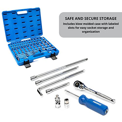 Neiko 02514A 1/4 Inch-Drive Ratchet and Small Socket Set, 58-Piece, Chrome Vanadium Steel, Multi-color - size: 1/4" Drive, style: SAE and Metric