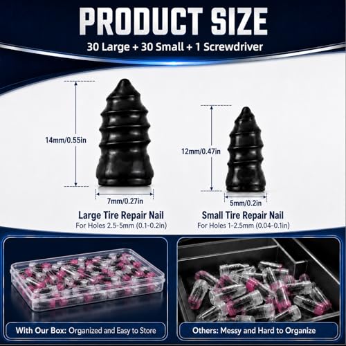 Vigorder 60PCS Tire Repair Rubber Nail Kit - Storage Box & Screwdriver - for Cars, Motorcycles, Trucks & More