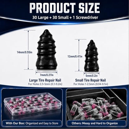 Vigorder 60PCS Tire Repair Rubber Nail Kit - Storage Box & Screwdriver - for Cars, Motorcycles, Trucks & More