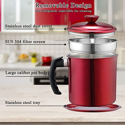 Kyraton Bacon Grease Container With Strainer, 48 oz Metal Shining Red Stainless Steel Oil Container, Pot Fat Storage With Lid, Easy Grip Handle Suitable For Storing Frying Oil And Cooking Grease - color: 4.Metal Red