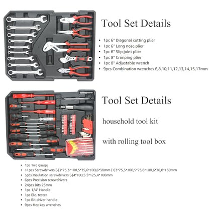 Campfun 899-Piece Household Tool Set with Complete Hand Tools, Mechanic Toolbox Set with Rolling Case, Tool Set for Home/Auto Repair, White - color: White