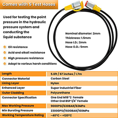 Hydraulic Pressure Test Kit with 5 Gauges 13 Test Couplings 14 Tee Connectors 5 Test Hoses for Excavator Construction Machinery 10/100/250/400/600bar 150/1500/4000/6000/9000PSI - style: 5 Gauges 27 Test Couplings