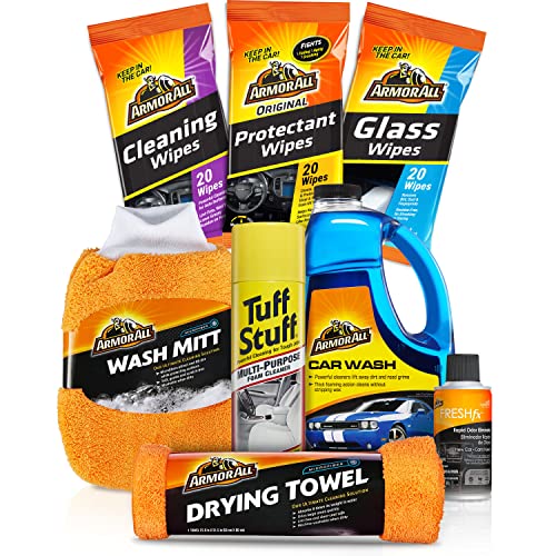 Armor All Car Wash and Cleaner Kit - 8-Piece Complete Set with Wash Concentrate, Wipes, Microfiber Towels & Air Freshener, Gift for Dad - style: Car Wash Kit 8pc
