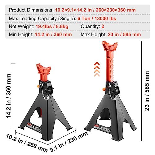 VEVOR Jack Stands, 6 Ton (13,000 lbs) Capacity Car Jack Stands Double Locking, 14.2-23 inch Adjustable Height, for Lifting SUV, Pickup Truck, Car and UTV/ATV, Red, 1 Pair - style: 6T 2-Locking