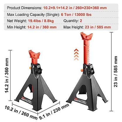 VEVOR Jack Stands, 6 Ton (13,000 lbs) Capacity Car Jack Stands Double Locking, 14.2-23 inch Adjustable Height, for Lifting SUV, Pickup Truck, Car and UTV/ATV, Red, 1 Pair - style: 6T 2-Locking