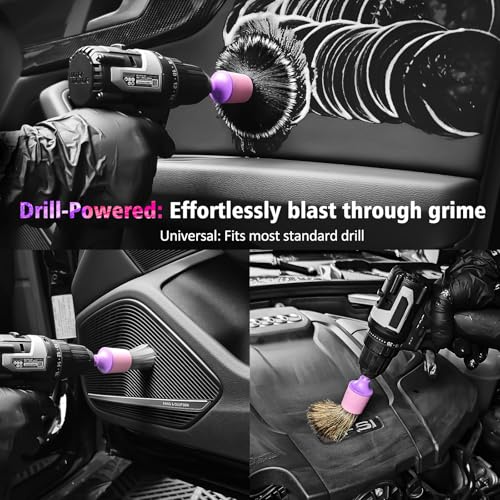 YeewayVeh 3PCS Car Detailing Drill Brush Set, Mixed Detail Brushes, Pink | No Scratch Boars Hair & Ultra Soft Detailing Brushes for Air Vent, Leather Seat, Interior Exterior, Drill Attachment Included - color: Pink