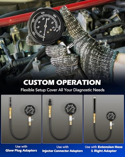 OMT 18pc Diesel Engine Compression Tester Kit, Adjustable Pressure Gauge | Premium Brass Core; Glow Plug Injector Adapters; Cylinder Leakage Diagnostics; Vehicle Repairs; For Professional Mechanics
