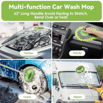 2 Pack Car Wash Brush with 62" Long Handle for Exterior Truck, RV, Boat | Microfiber Car Wash Mop and Car Washing Brush Combo, Soft Bristle Cleaning Brush, Rubber Squeegee, Car Cleaning Kit for Home