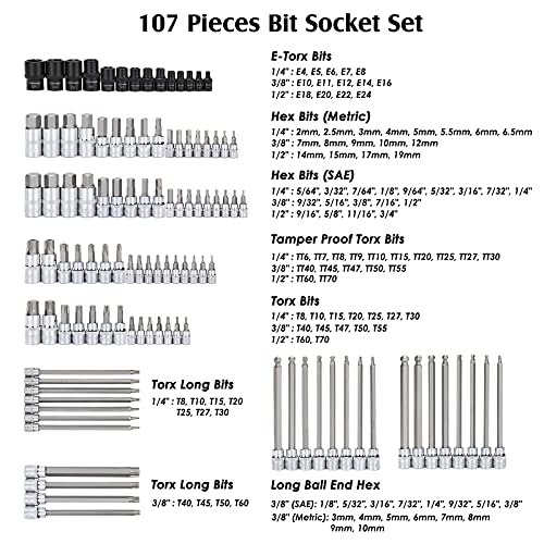 MIXPOWER 107 Piece 1/4 Inch, 3/8 Inch & 1/2 Inch Drive Bit Socket Set, Torx/Extra Long Torx/Tamper Proof/Hex/Ball End Hex, SAE & Metric Bit Set,S2 Steel Bits