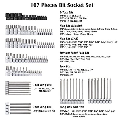MIXPOWER 107 Piece 1/4 Inch, 3/8 Inch & 1/2 Inch Drive Bit Socket Set, Torx/Extra Long Torx/Tamper Proof/Hex/Ball End Hex, SAE & Metric Bit Set,S2 Steel Bits