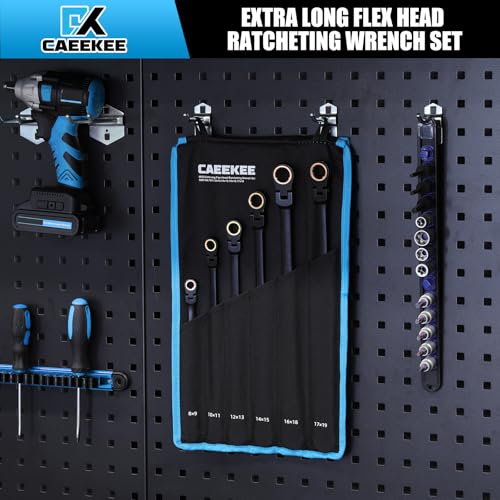 Extra Long Flex-Head Ratcheting Wrench Set(8-19mm), 6PCS Double Box End Long Reach Ratchet Wrench Set, Metric, CR-V Steel, 12 Point, 72-Tooth Ratchet, with Storage Pouch - style: 6-Piece Set (Extra Long Flex-Head Metric)