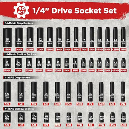 90PCS 1/4" Drive Impact Socket Set Metric 4-15mm and Standard SAE Size (5/32"-9/16"), with 72-Teeth Ratchet, Screwdriver Bit Set, Mechanics Tool Kit for Home Use and Automotive Repair - style: 1/4-90PCS