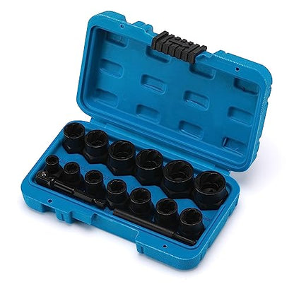 MIXPOWER 13-Piece 3/8-inch Impact Bolt & Nut Remover Set, Nut Extractor Socket, Bolt Remover Tool Set with Hex Adapter, Metric and SAE