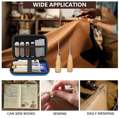 Leather Sewing & Upholstery Repair Kit with 2 Awls, Needles & Waxed Thread | for Stitching and Repairing Car Seats, Sofas, Carpets, Shoes and Bags, ideal for Canvas, Tents and DIY Leather Crafts