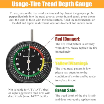 Tire Tread Depth Gauge&Brake Lining Gauge Set- Dial Tire Depth Tool (1/32" Readings) + 8-Piece Color-Coded Brake Pad Thickness Gauge Set for Cars (SAE & Metric, Steel, Disc & Drum Brake Compatible)
