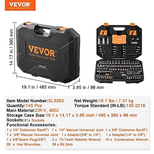VEVOR Mechanics Tool Set and Socket Set, 1/4" and 3/8" Drive Deep and Standard Sockets, 145 Pcs SAE and Metric Mechanic Tool Kit with Bits, Combination Wrench, Hex Wrenches, Accessories, Storage Case - size: 1/4"&3/8", style: NEW 145 PC