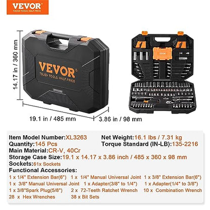 VEVOR Mechanics Tool Set and Socket Set, 1/4" and 3/8" Drive Deep and Standard Sockets, 145 Pcs SAE and Metric Mechanic Tool Kit with Bits, Combination Wrench, Hex Wrenches, Accessories, Storage Case - size: 1/4"&3/8", style: NEW 145 PC