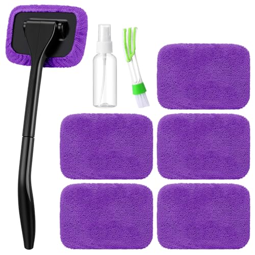 FoldTier 8 Pcs Car Windshield Cleaner Tool Kit with Removable Handle, Microfiber Towel Pads, Brush, Empty Spray Bottle for Auto Glass Wiper Suvs Rvs & Home Windows(Purple) - color: Purple