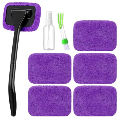FoldTier 8 Pcs Car Windshield Cleaner Tool Kit with Removable Handle, Microfiber Towel Pads, Brush, Empty Spray Bottle for Auto Glass Wiper Suvs Rvs & Home Windows(Purple) - color: Purple