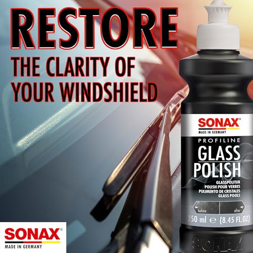 SONAX PROFILINE GlassPolish (250 ml) - removes slight scratches, blinding and etching from car windows made from glass. Silicone free | Item No. 02731410 | For removing slight scratches, blinding and etching from windscreens and side windows made from gla