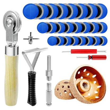 54Pcs Tire Patch Kit Heavy Duty, Tire Repair Tools 42 mm 55 mm Tungsten Steel Buffing Wheel with 32/42/58mm Tire Patches, Inner Liner Scraper, Tire Patch Roller for Car Grinding Polishing Accessories
