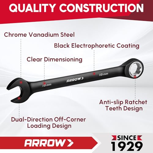 ARROW 12PCS Metric Ratcheting Wrench Set, Anti-Slip 6-18mm Combination Ratchet Wrench Set with Black Magnetic Tool Holder, Premium CRV Material, 72-Teeth, Corrosion-Resistant, Easy to Carry & Store - style: Metric Only