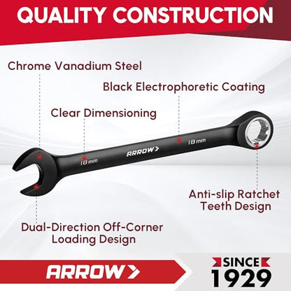 ARROW 12PCS Metric Ratcheting Wrench Set, Anti-Slip 6-18mm Combination Ratchet Wrench Set with Black Magnetic Tool Holder, Premium CRV Material, 72-Teeth, Corrosion-Resistant, Easy to Carry & Store - style: Metric Only