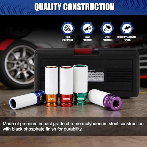 1/2" Drive Wheel Protector Impact Socket, 7pcs Thin Wall Deep Impact Socket Set, Durable Plastic Sleeve Lug Nut Socket, 6 Point, Metric, Color-Coded, 17mm, 19mm, 21mm, 22mm, 23mm, 24mm,27mm - size: 17 mm, 19 mm, 21 mm, 22 mm, 23 mm, 24 mm, 27 mm