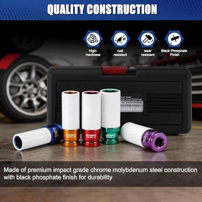 1/2" Drive Wheel Protector Impact Socket, 7pcs Thin Wall Deep Impact Socket Set, Durable Plastic Sleeve Lug Nut Socket, 6 Point, Metric, Color-Coded, 17mm, 19mm, 21mm, 22mm, 23mm, 24mm,27mm - size: 17 mm, 19 mm, 21 mm, 22 mm, 23 mm, 24 mm, 27 mm