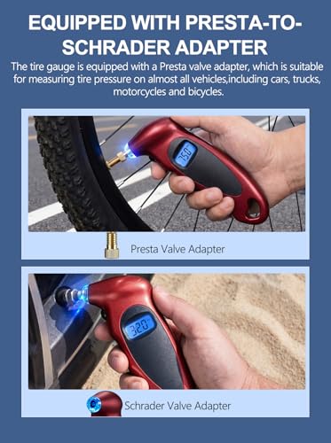 Digital Tire Pressure Gauge 150 PSI, Accurate in 0.1 Increments,1 Pack Tire Pressure Gauge with Backlight LCD, 4 Units (PSI/Bar/Kgf/cm²/KPA) Applicable to Car Truck Bicycle, Red - color: Red