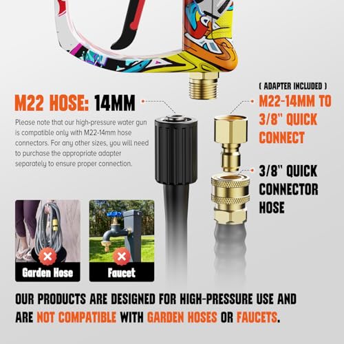Short Pressure Washer Gun, Power Washer Gun | 4000PIS Pressure Washer Wand for Foam Cannon, 3/8" & M22-14mm Connect, 1/4" Quick Connect, Car Washer Gun 5 Spray Nozzle - color: Graffiti-Fixed Inlet