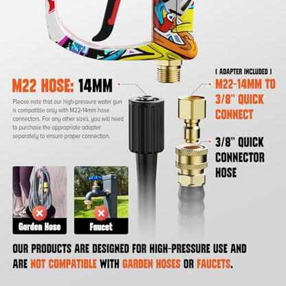 Short Pressure Washer Gun, Power Washer Gun | 4000PIS Pressure Washer Wand for Foam Cannon, 3/8" & M22-14mm Connect, 1/4" Quick Connect, Car Washer Gun 5 Spray Nozzle - color: Graffiti-Fixed Inlet