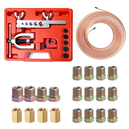 Joyzeal 25ft 1/4" Copper Brake Line Kit, 16 Fittings & Flaring Tool | Corrosion Resistant, Hand-Bendable, 4 Unions, Double & Single Flare, Fits Most Cars Trucks SUVs - size: 1/4''