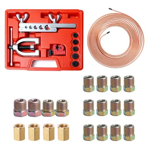 Joyzeal 25ft 1/4" Copper Brake Line Kit, 16 Fittings & Flaring Tool | Corrosion Resistant, Hand-Bendable, 4 Unions, Double & Single Flare, Fits Most Cars Trucks SUVs - size: 1/4''