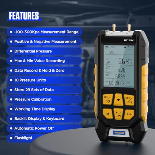 AUTOOL Manometer Gas Pressure Tester -100 to 300Kpa Digital Manometer HVAC 11 Units, Data Lock & Storage with Magnetic Back, Backlit Display
