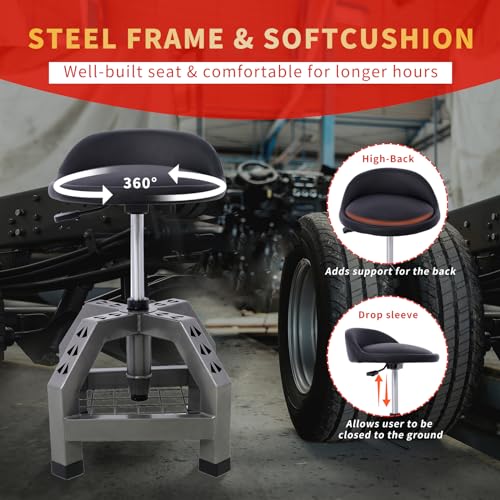 Rolling Shop Stool - 360 Swivel, Adjustable Height, Tool Tray Storage, 300 Lbs Capacity, Gray - color: Grey