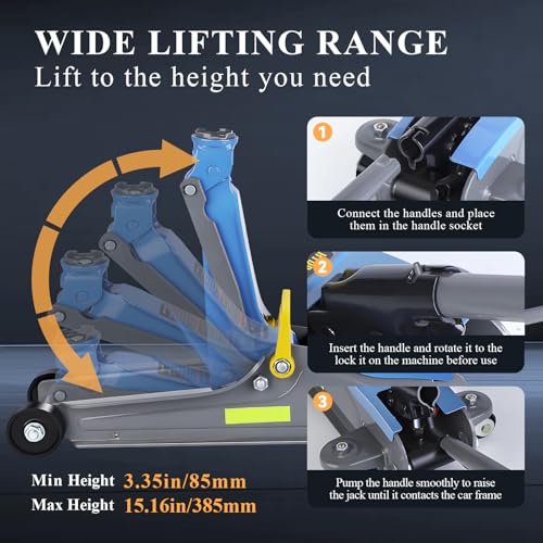 LARBANKE 2.5 Ton Floor Jack,Low Profile Jack with Portable Handle and Reflective Tape,Hydraulic Trolley Floor Jack for Garage, Home, Shop,Lifting Range 3.35"-15.16",Blue&Gray