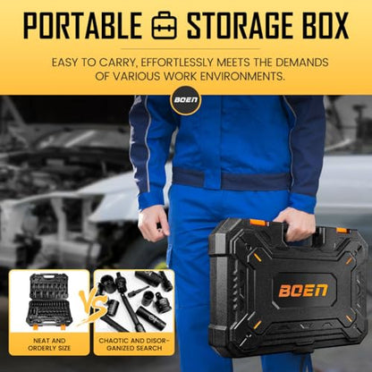 BOEN 1/2" Drive Impact Socket Set, 72 Piece Standard SAE (5/16"-1-1/4") & Metric (8-24 mm), Deep & Shallow Kit | Includes Ratchet Handle & Adapters | 3 ", 5", 10" Extension Bar