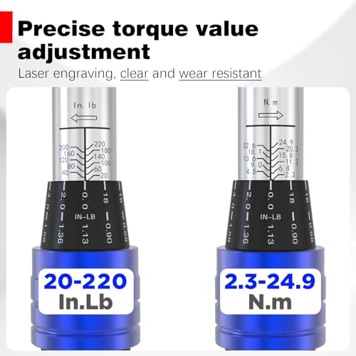 SuZhi 1/4-inch Drive Click Small Bike Torque Wrench 20-220in.lb / 2.3-24.9Nm Alloy Aluminum & Cr-Mo Material for Garage Bicycle & Car Maintenance,Small Engine, Bolt & Nut.