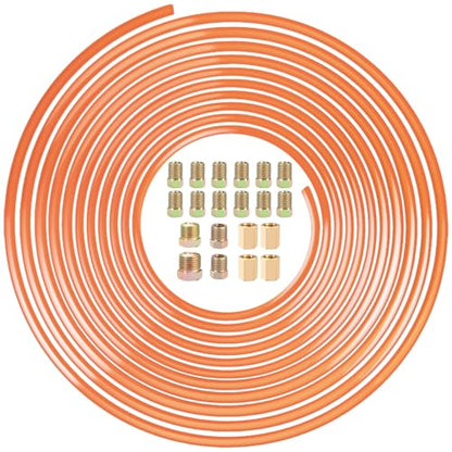 1/4" Brake Line - Easy to Bend Tubing - 25 ft 1/4" Copper Coated Brake Line + 16 x Brake Line Fittings and 4 x Threads Unions - size: 1/4" Brake Line