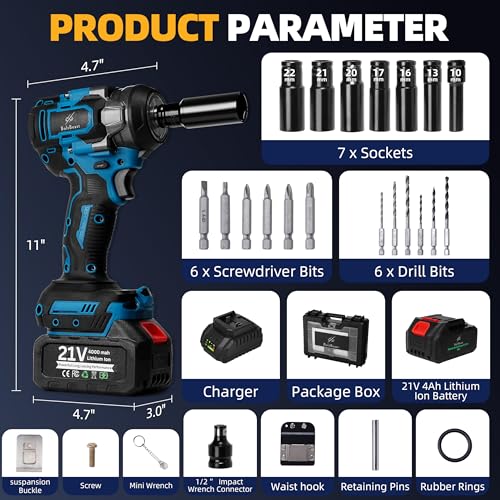 500N.m Brushless Cordless 1/2" Impact Wrench 3500RPM 21V Tool | 21V battery, 4000mAh battery, fast charger, LED work light, 7 sockets, 6 drill bits, 6 screwdrivers, waist hook, storage case