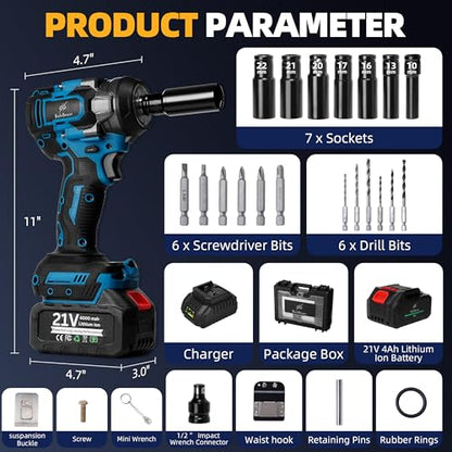 500N.m Brushless Cordless 1/2" Impact Wrench 3500RPM 21V Tool | 21V battery, 4000mAh battery, fast charger, LED work light, 7 sockets, 6 drill bits, 6 screwdrivers, waist hook, storage case
