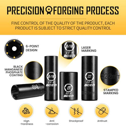 BOEN 3/8" Drive Impact Socket Set, 57-Piece Standard SAE (5/16 to 3/4 inch) and Metric (8-22mm), Include Ratchet Handle, Extension Bar, Universal Joint, Adapter, and Additional 5 10mm Sockets