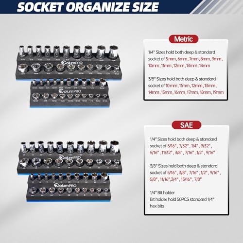 Foam Socket Organizer for Tool Box Drawer,Sockets Holder for Both 3/8&1/4” Square Drive Deep&Standard Sockets (Metric&SAE),and 1/4” Hex Bit Holder Organizer for 50 Bits,tool organizer trays