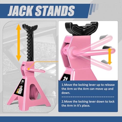 Auto Dynasty 2 Ton Floor Jack with Jack Stands, Heavy Duty Steel Hydraulic Racing Floor Jack with Single Piston Quick Lift Pump, Hydraulic Trolley Service Car Jack, Pink - color: Pink