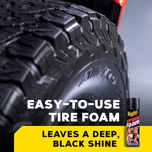 Meguiar's Hot Shine Tire Foam - High Goss Tire Shine that Cleans, Shines, and Protects in One, Deep, Black Shine with Conditioners and UV Protection to Help Keep Tires Looking Like New, 19 Oz Aerosol - size: 1-pack