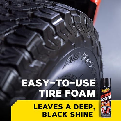 Meguiar's Hot Shine Tire Foam - High Goss Tire Shine that Cleans, Shines, and Protects in One, Deep, Black Shine with Conditioners and UV Protection to Help Keep Tires Looking Like New, 19 Oz Aerosol - size: 1-pack